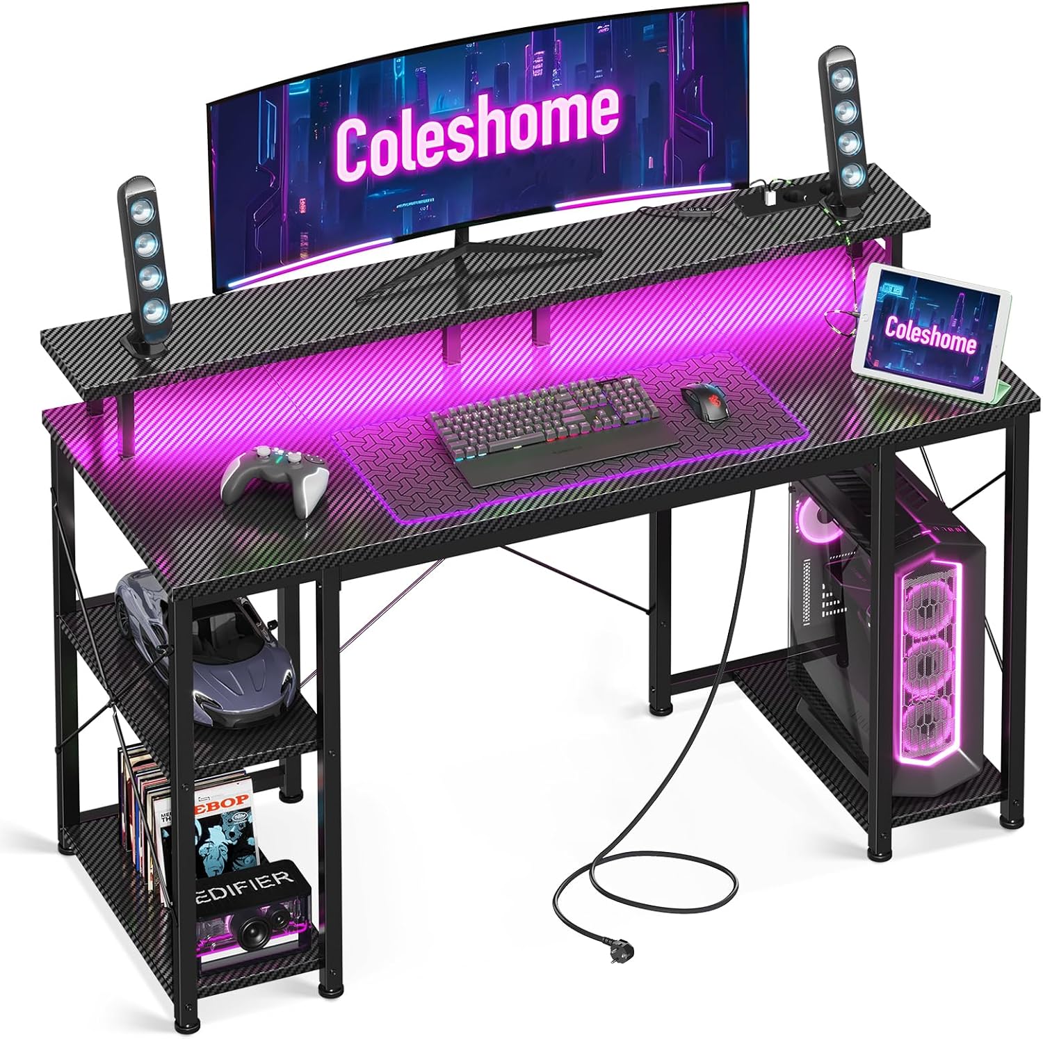 Le Bureau Gaming Coleshome : L'Ultimate Combo LED, Prises & Style !